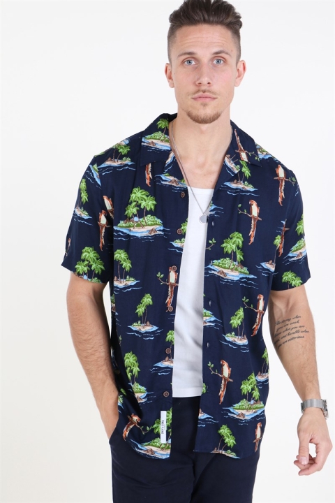 Only & Sons Sid SS Reg AOP Viscose Chemises Re Dark Navy