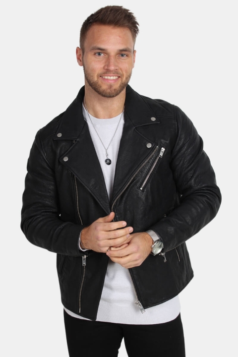 Selected Scott Læder Biker Veste Camp Black