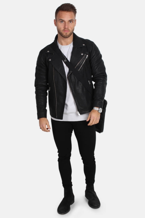 Selected Scott Læder Biker Veste Camp Black